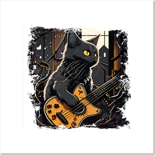 Black Cat Playing Guitar - Musician Cat Lover Posters and Art